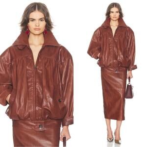 HELSA Shirred Oversized Leather Bomber Cognac Brown Jacket Size XL